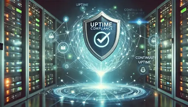 Glowing shield interconnected with a digital energy wave, symbolizing the connection between uptime and compliance, with stable network nodes.